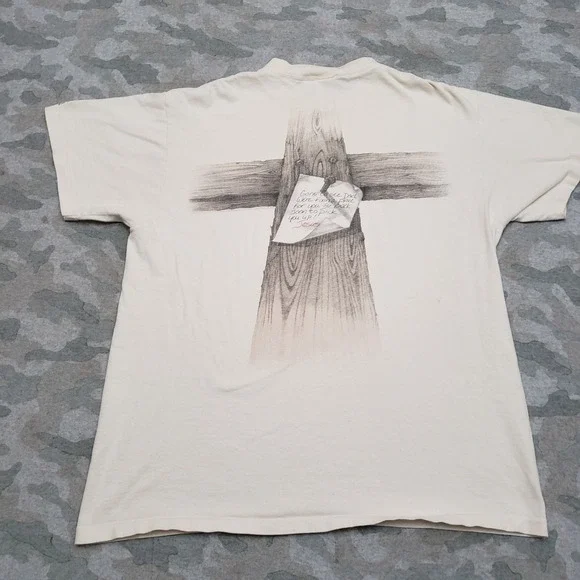 Vintage Religious Delta Shirt Mens Large Beige Short Sleeve Single Stitch USAk - Picture 1 of 12